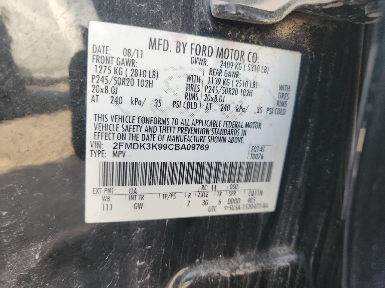 2012 Ford Edge Limited VIN: 2FMDK3K99CBA09769 Lot: 91732885