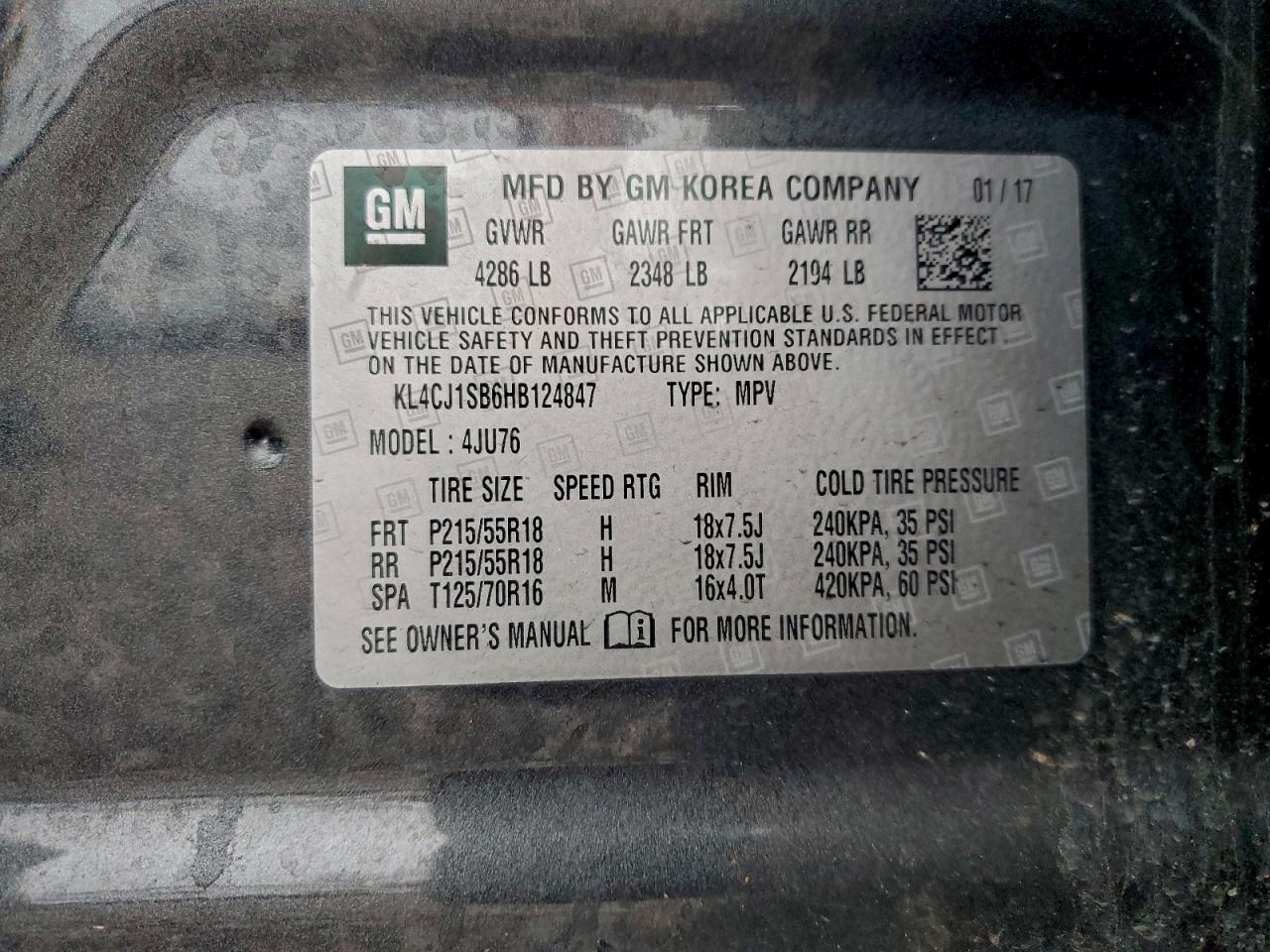 2017 Buick Encore Sport Touring VIN: KL4CJ1SB6HB124847 Lot: 94504905