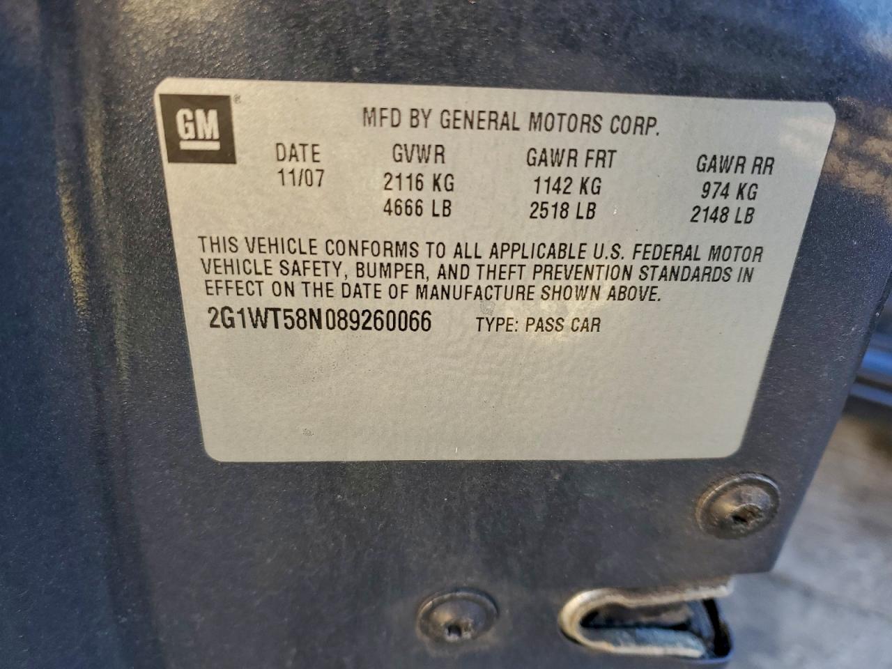 2008 Chevrolet Impala Lt VIN: 2G1WT58N089260066 Lot: 94743715