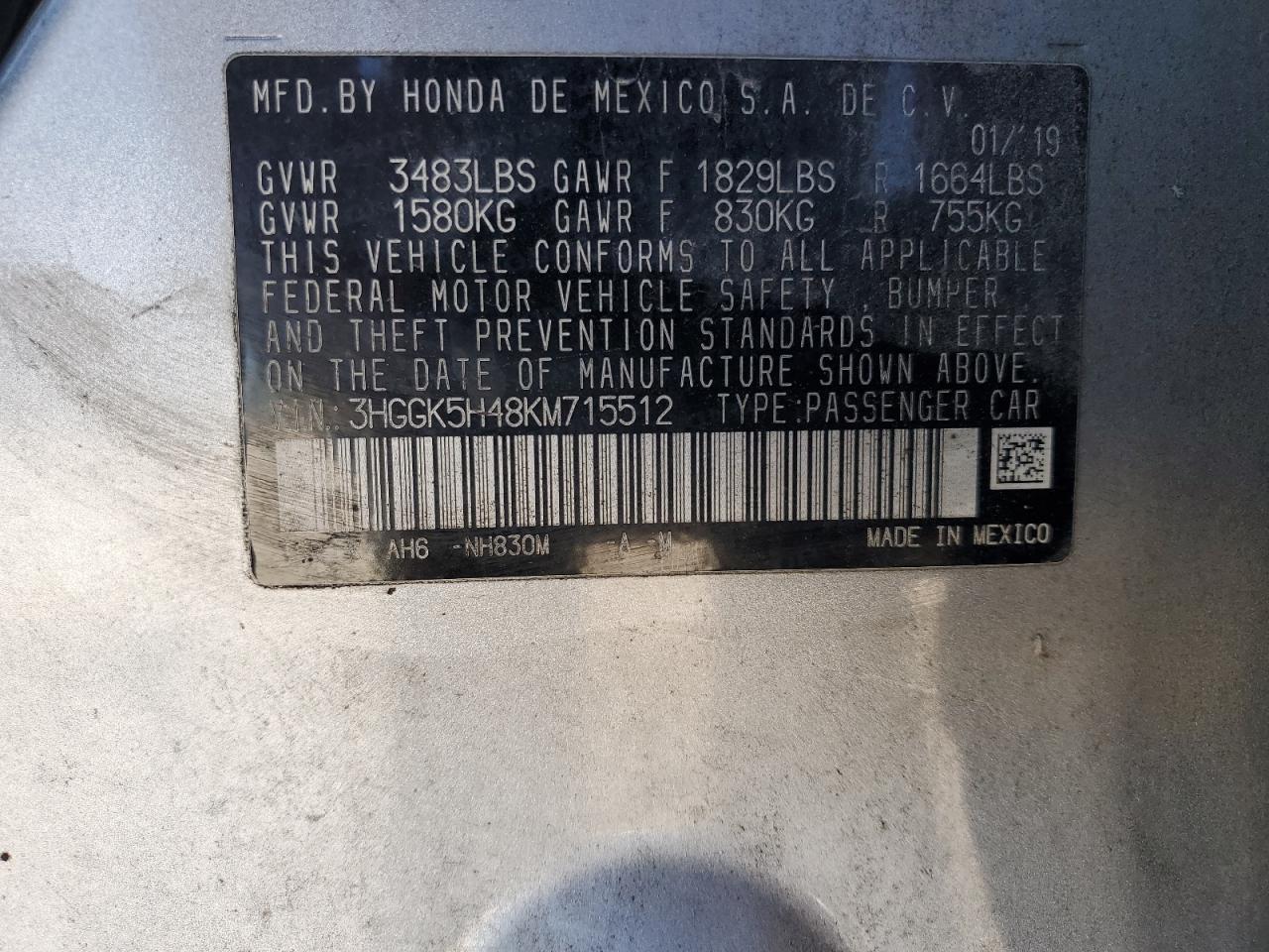 2019 Honda Fit Lx VIN: 3HGGK5H48KM715512 Lot: 92916295