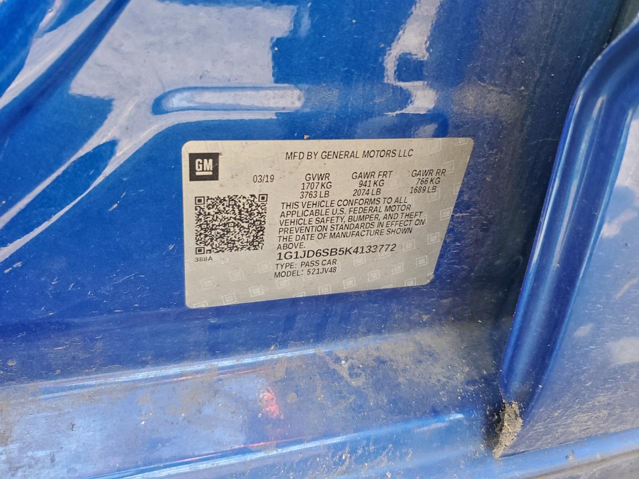 2019 Chevrolet Sonic Lt VIN: 1G1JD6SB5K4133772 Lot: 94529105