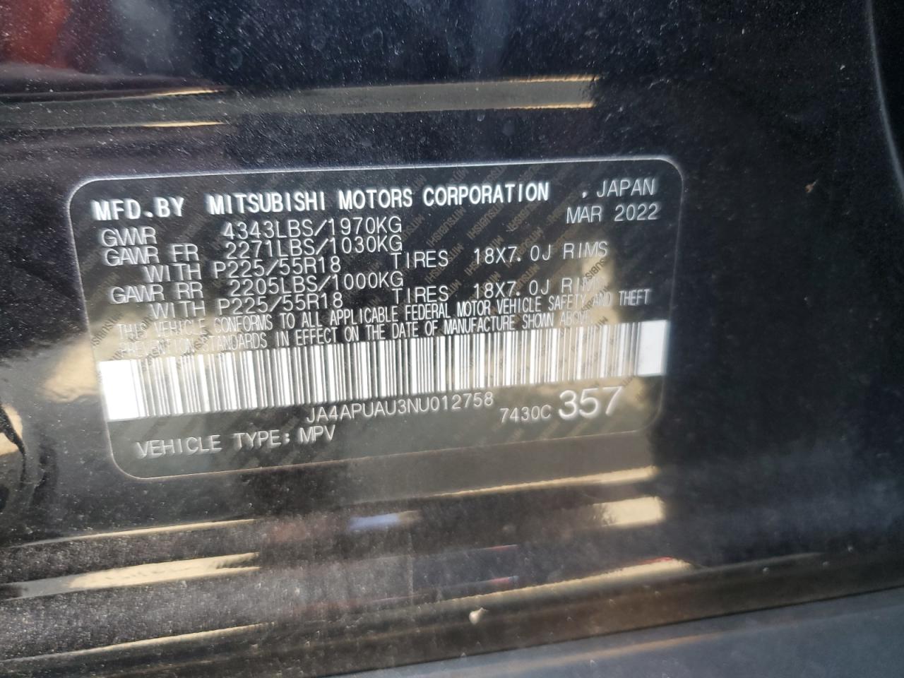 2022 Mitsubishi Outlander Sport Es VIN: JA4APUAU3NU012758 Lot: 92723135