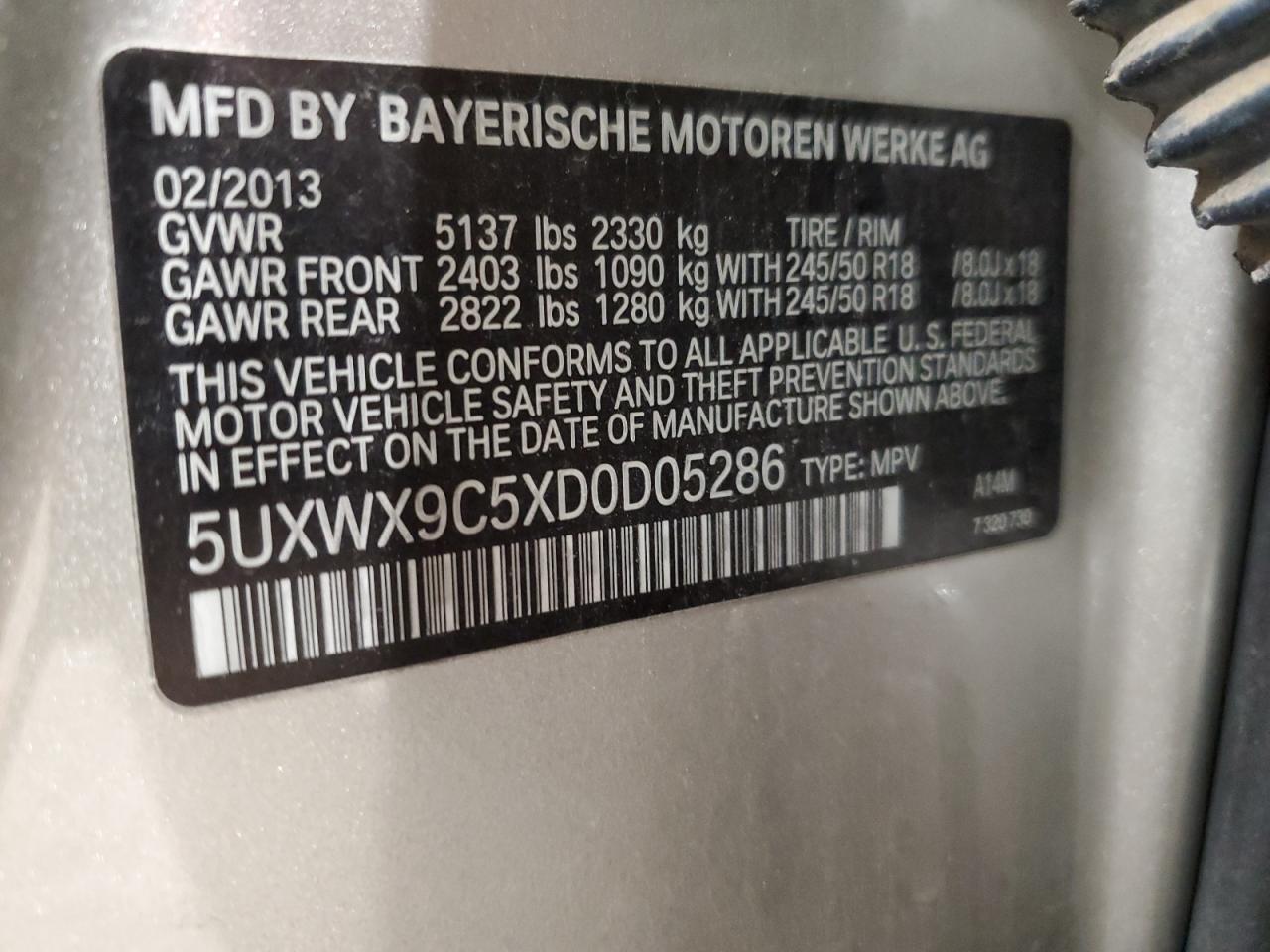 2013 BMW X3 xDrive28I VIN: 5UXWX9C5XD0D05286 Lot: 93640275