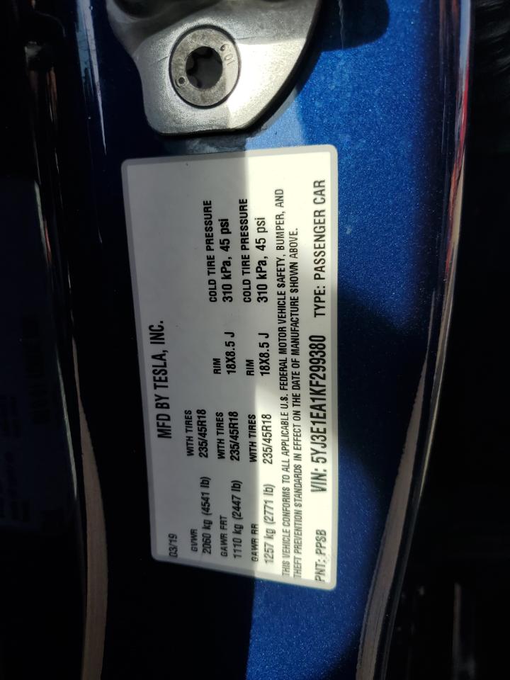 2019 Tesla Model 3 VIN: 5YJ3E1EA1KF299380 Lot: 93486865