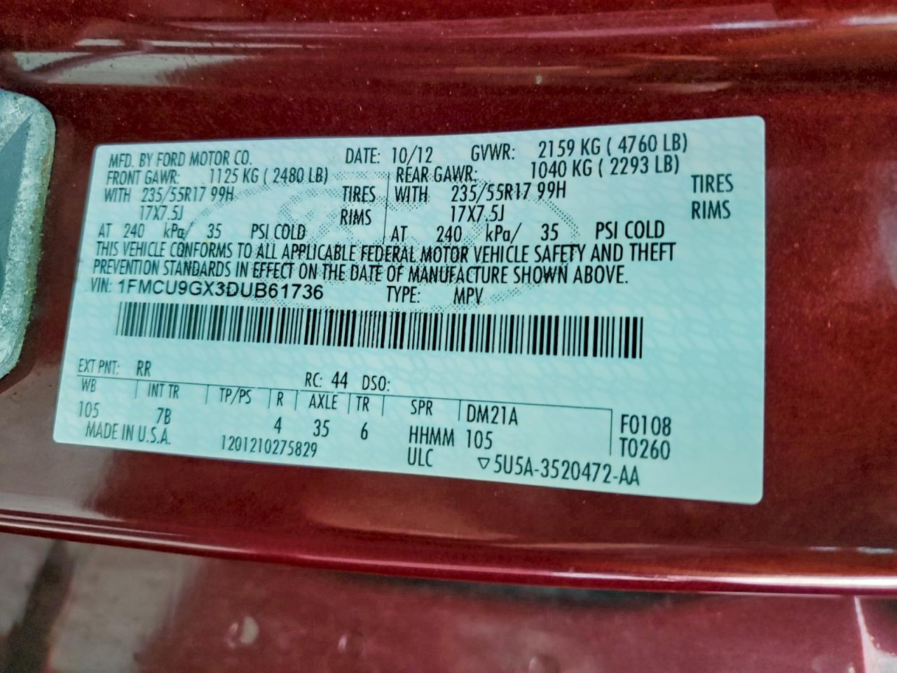 2013 Ford Escape Se VIN: 1FMCU9GX3DUB61736 Lot: 94541235