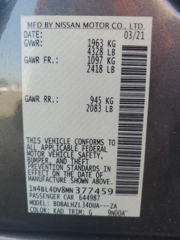 2021 Nissan Altima Sv VIN: 1N4BL4DV8MN377459 Lot: 92264475