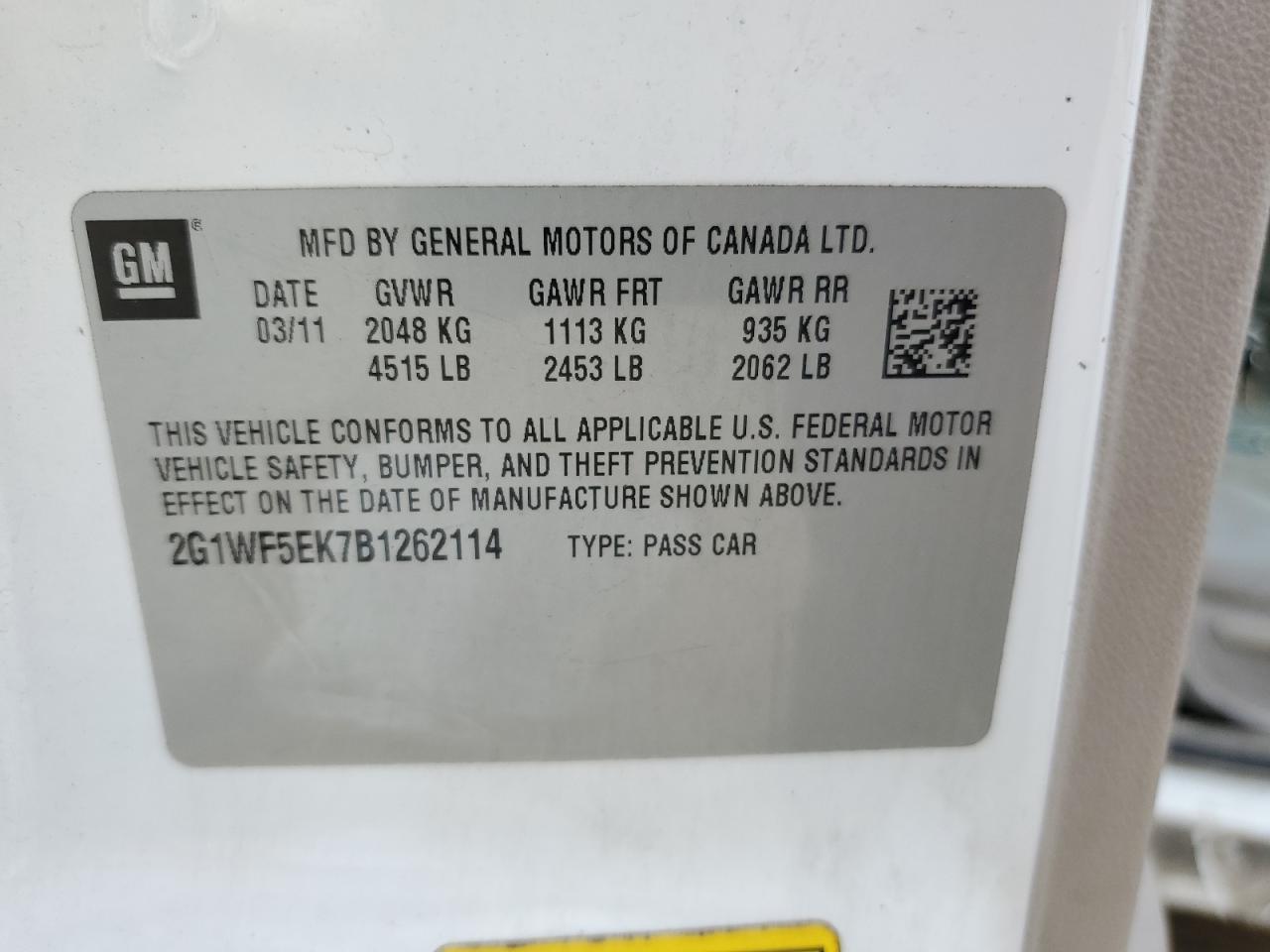 2011 Chevrolet Impala Ls VIN: 2G1WF5EK7B1262114 Lot: 91994485