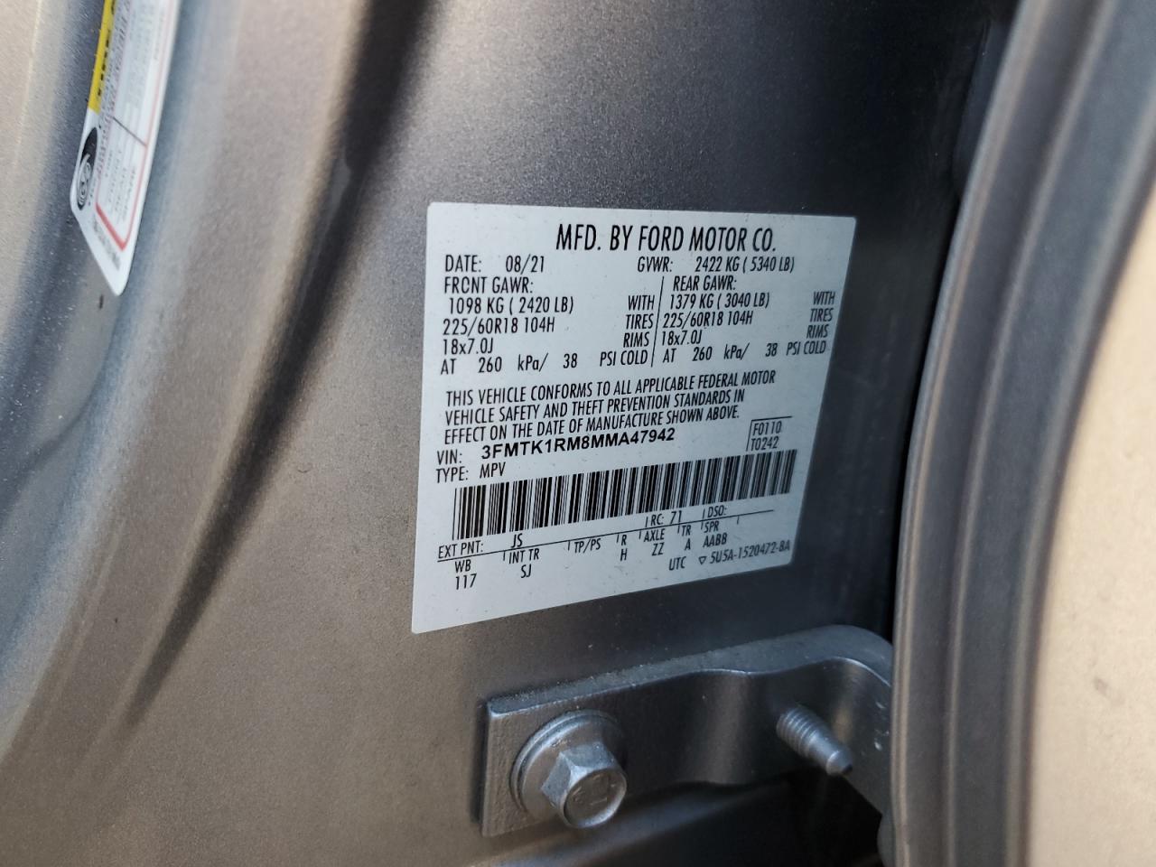 2021 Ford Mustang Mach-E Select VIN: 3FMTK1RM8MMA47942 Lot: 91731435