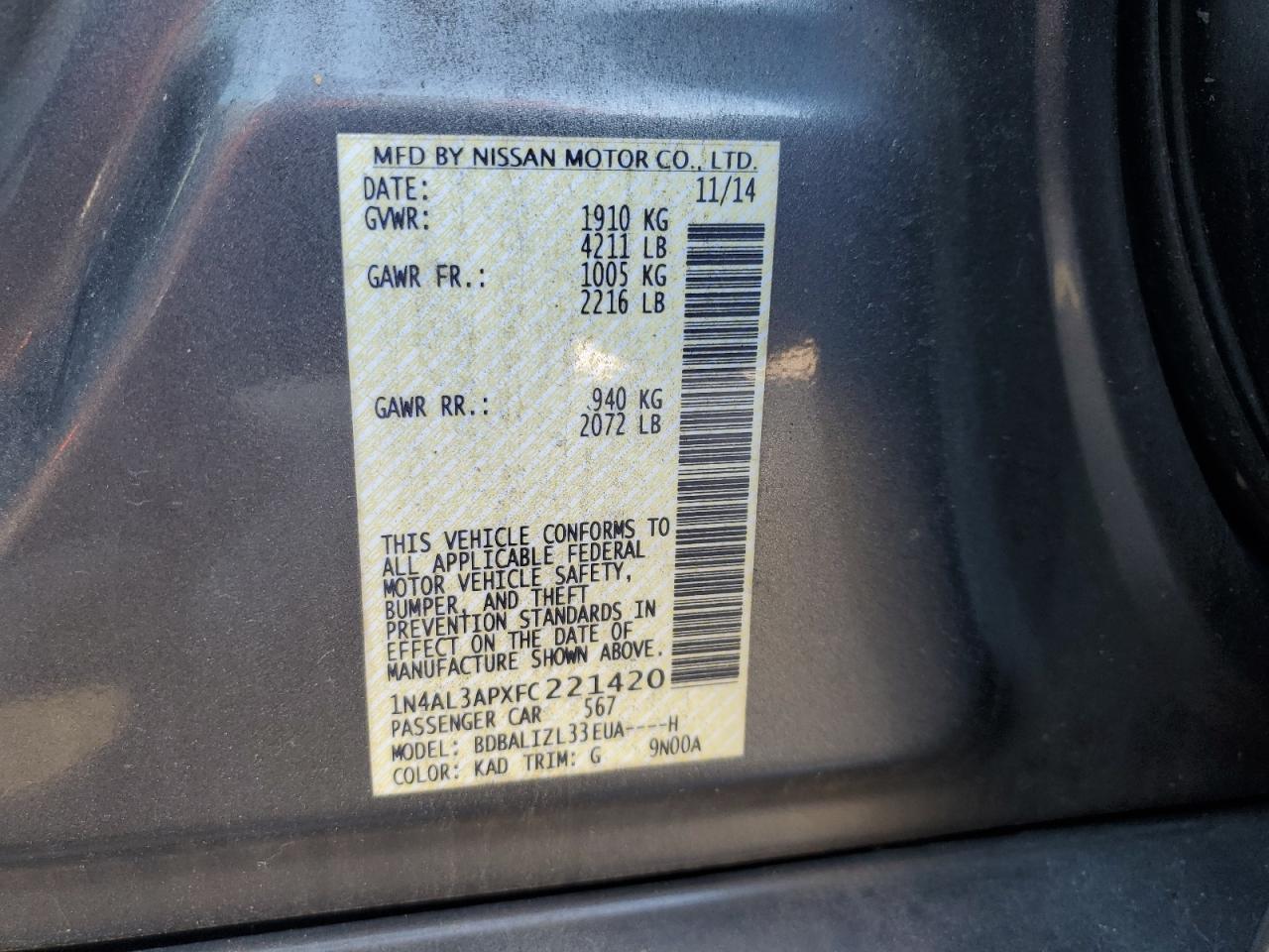 2015 Nissan Altima 2.5 VIN: 1N4AL3APXFC221420 Lot: 92187965