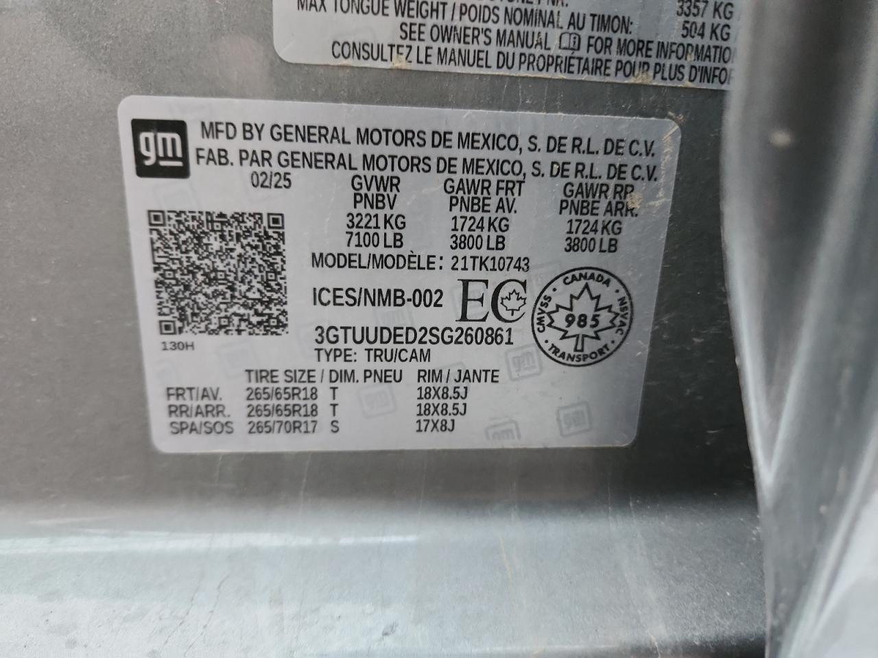 2025 GMC Sierra K1500 Slt VIN: 3GTUUDED2SG260861 Lot: 93117895