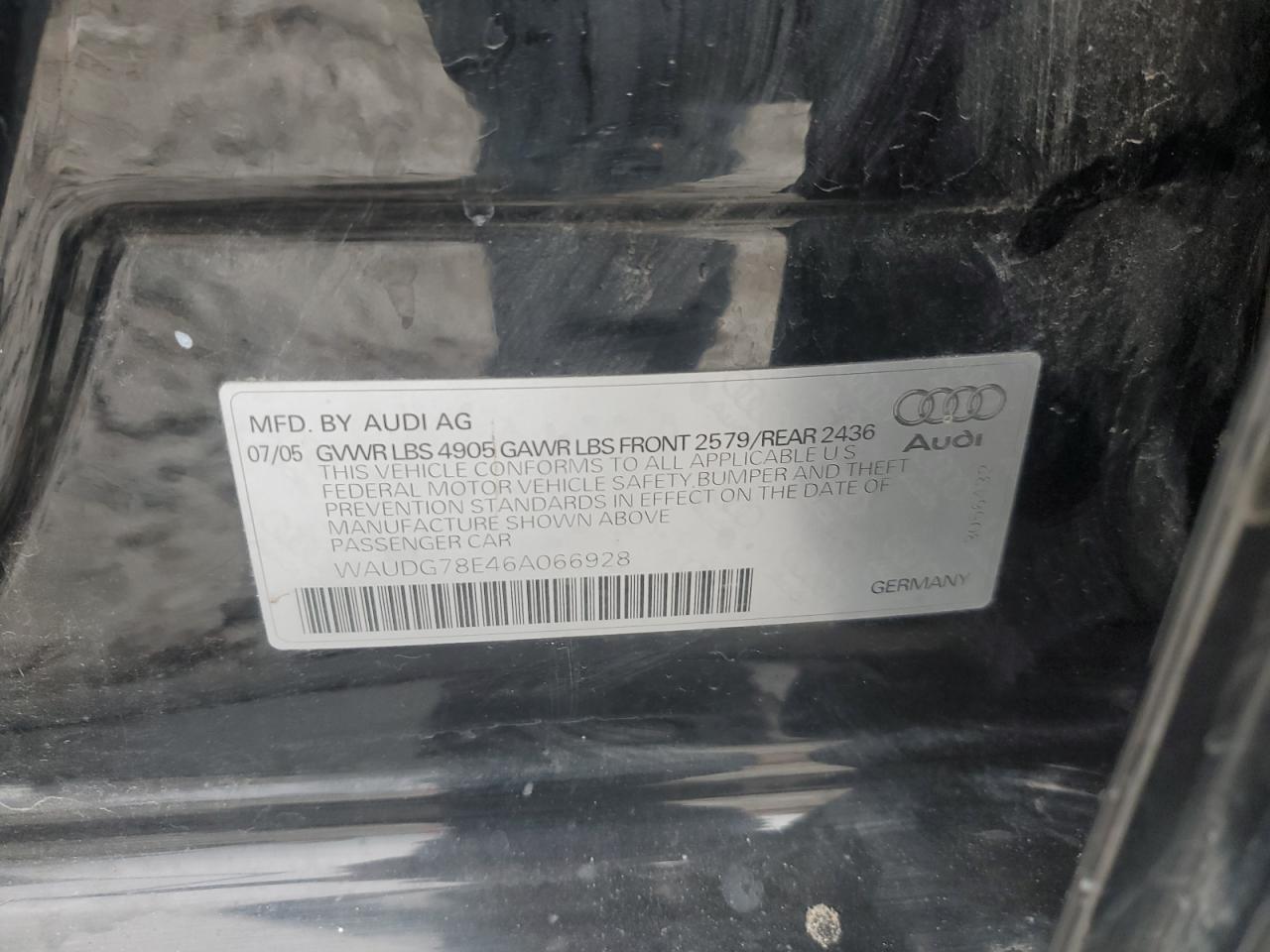 2006 Audi A4 3.2 Quattro VIN: WAUDG78E46A066928 Lot: 91872015