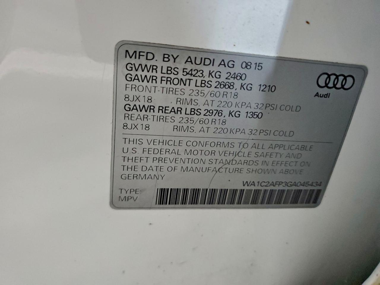 2016 Audi Q5 Premium VIN: WA1C2AFP3GA045434 Lot: 94080575