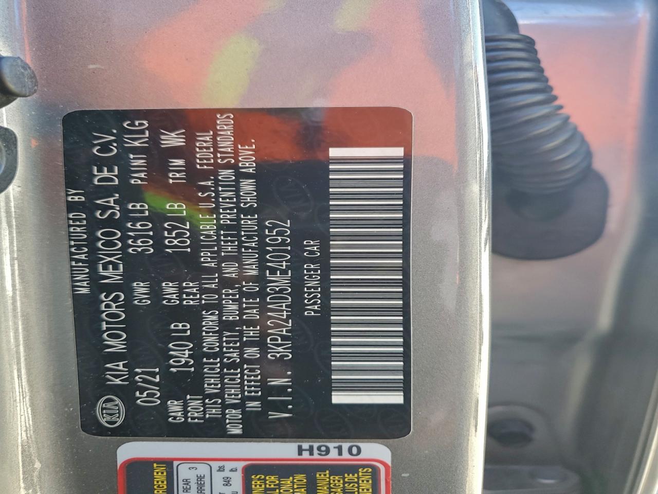 2021 Kia Rio Lx VIN: 3KPA24AD3ME401952 Lot: 90746075