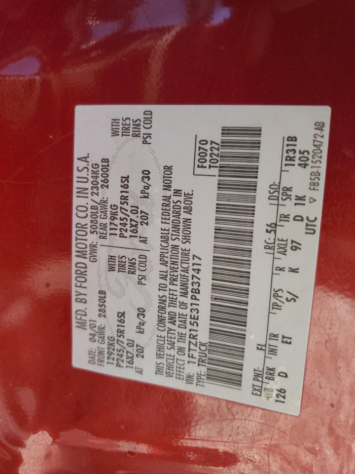 2001 Ford Ranger Super Cab VIN: 1FTZR15E31PB37417 Lot: 93682375