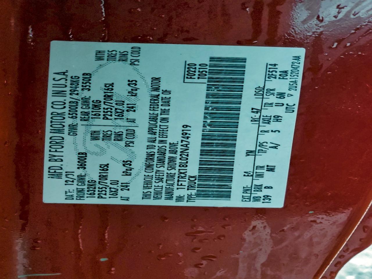 2002 Ford F150 VIN: 1FTRX18L02NA74919 Lot: 92749425