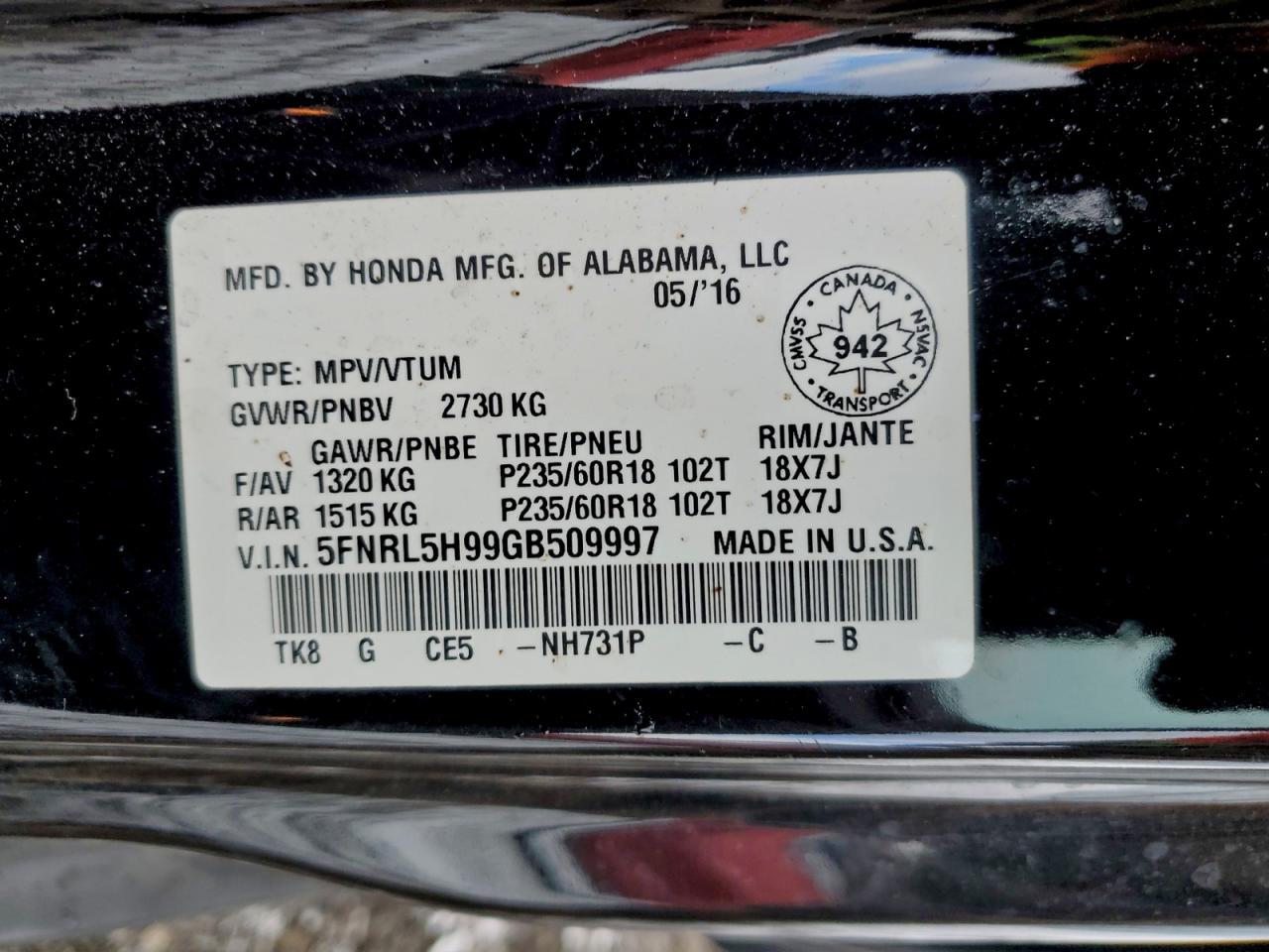 2016 Honda Odyssey Touring VIN: 5FNRL5H99GB509997 Lot: 94345975