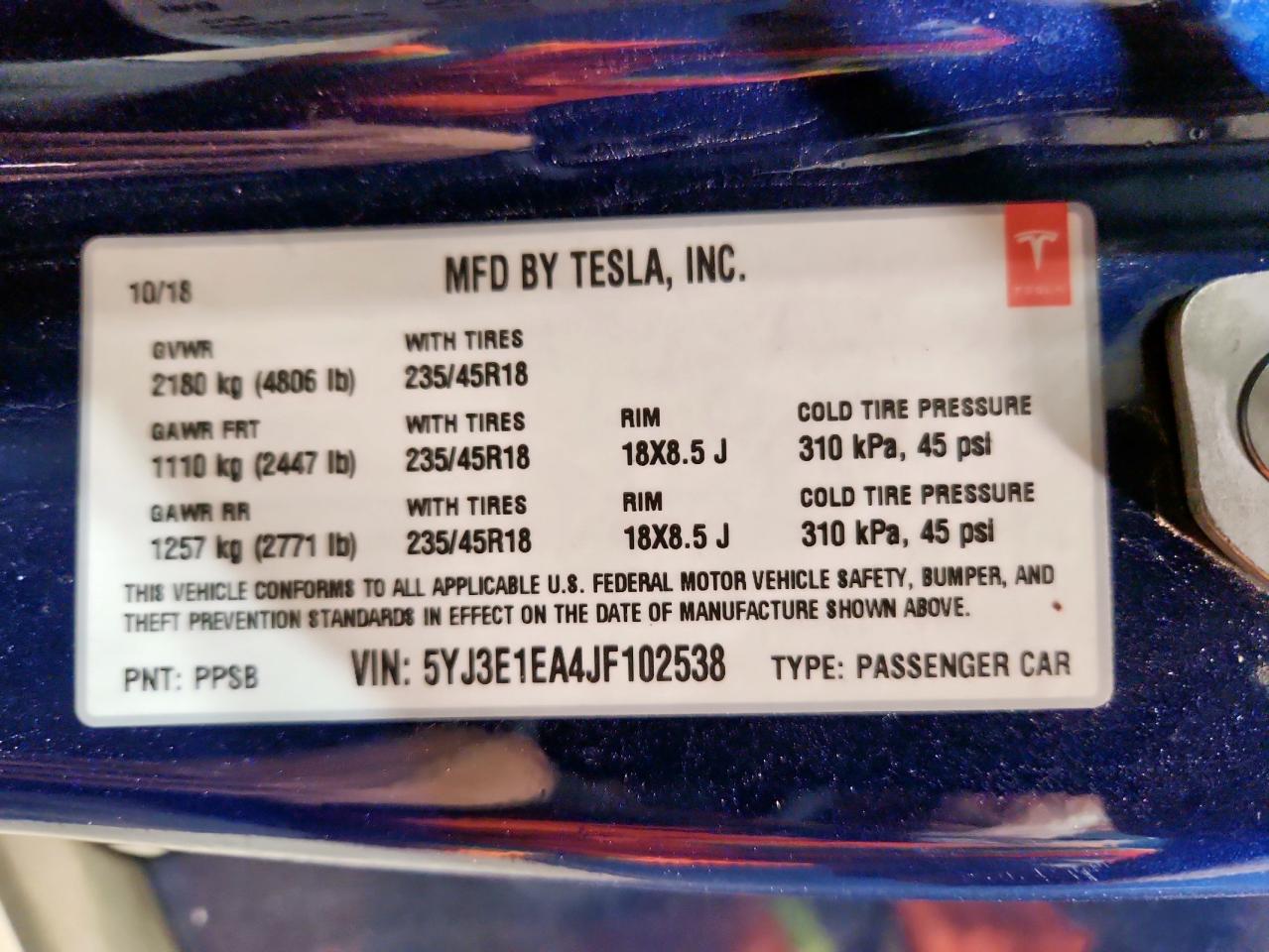 2018 Tesla Model 3 VIN: 5YJ3E1EA4JF102538 Lot: 85429175