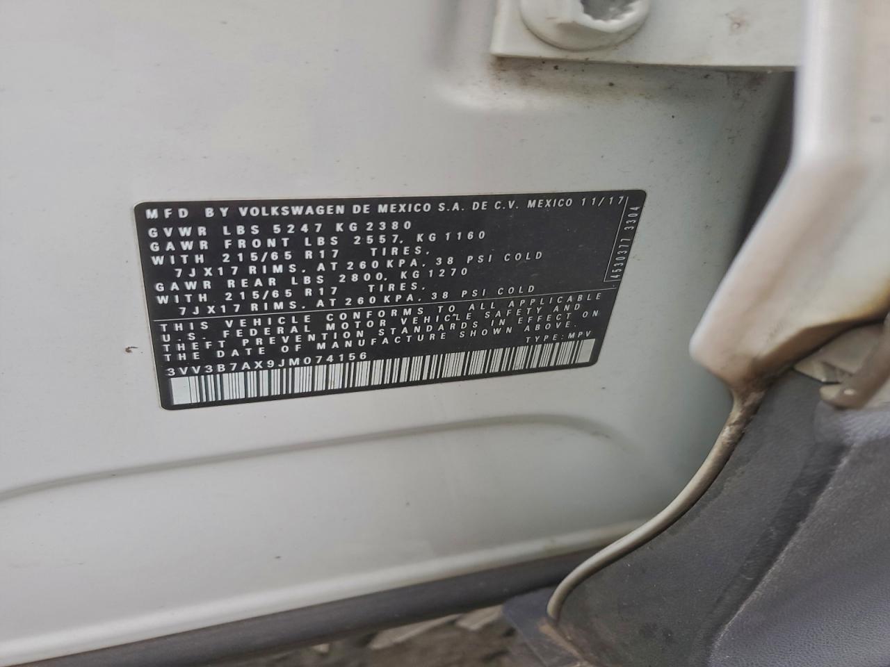 2018 Volkswagen Tiguan Se VIN: 3VV3B7AX9JM074156 Lot: 93816385