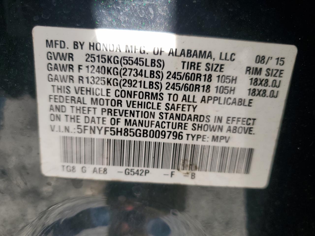 2016 Honda Pilot Exl VIN: 5FNYF5H85GB009796 Lot: 92393925