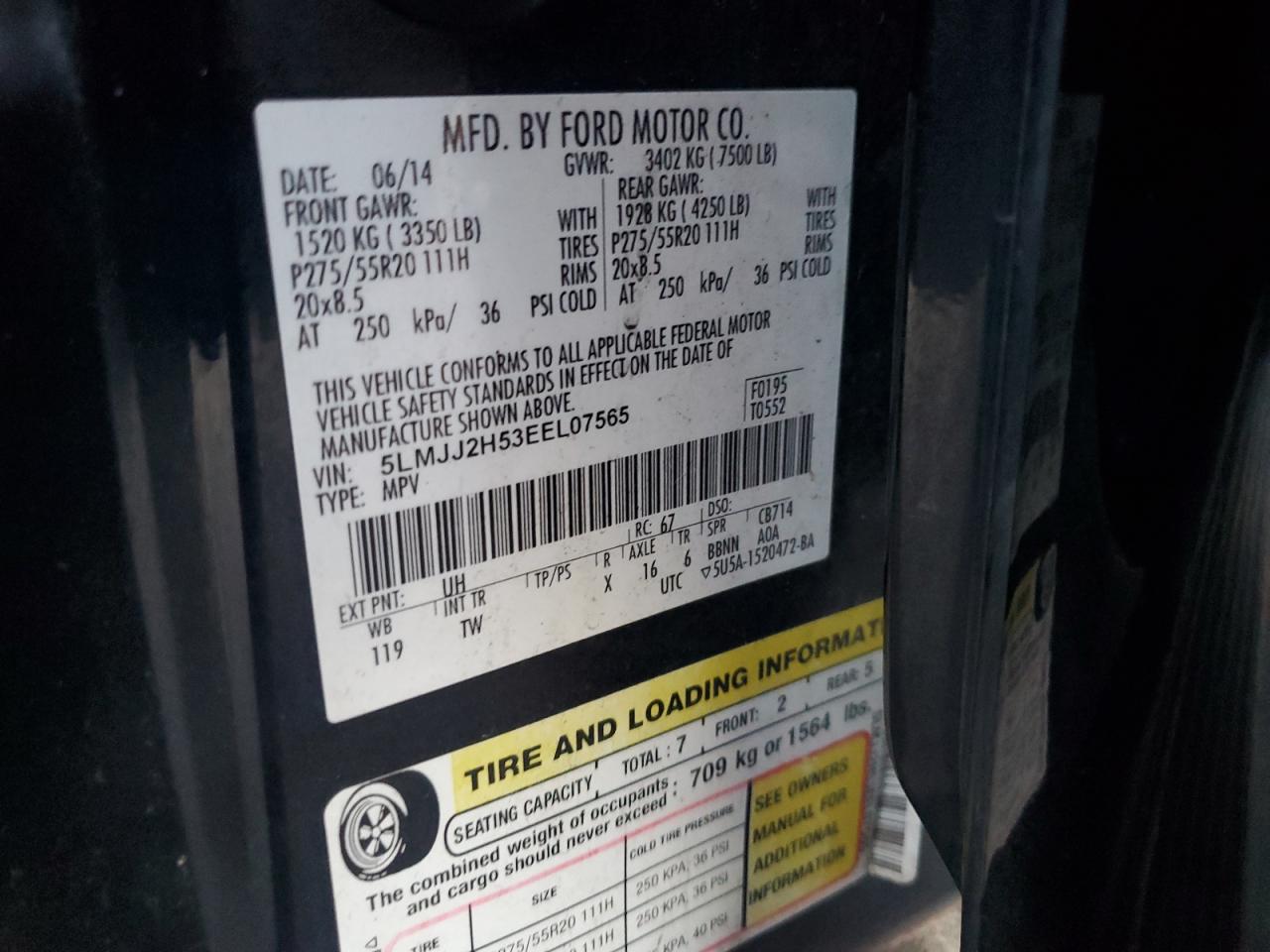 2014 Lincoln Navigator VIN: 5LMJJ2H53EEL07565 Lot: 93380405