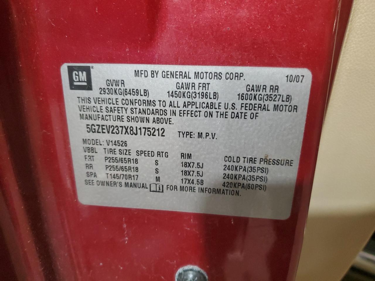 2008 Saturn Outlook Xr VIN: 5GZEV237X8J175212 Lot: 92484255