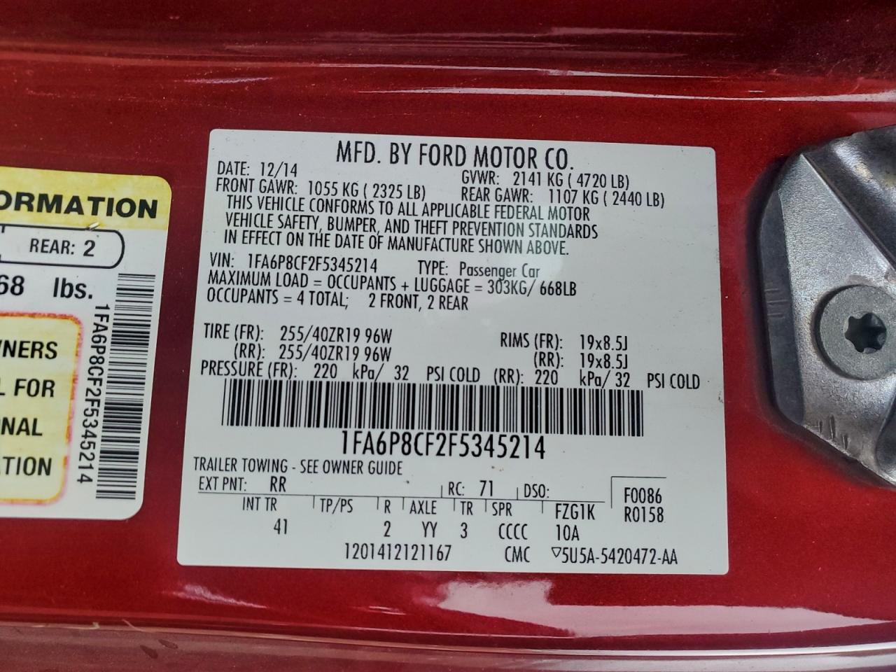 2015 Ford Mustang Gt VIN: 1FA6P8CF2F5345214 Lot: 94494385