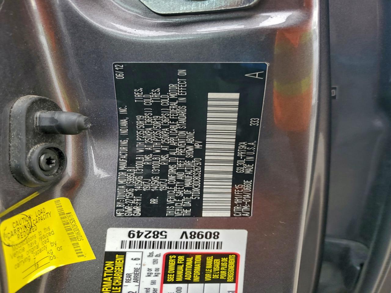 2012 Toyota Sienna Sport VIN: 5TDXK3DC8CS267970 Lot: 93261585