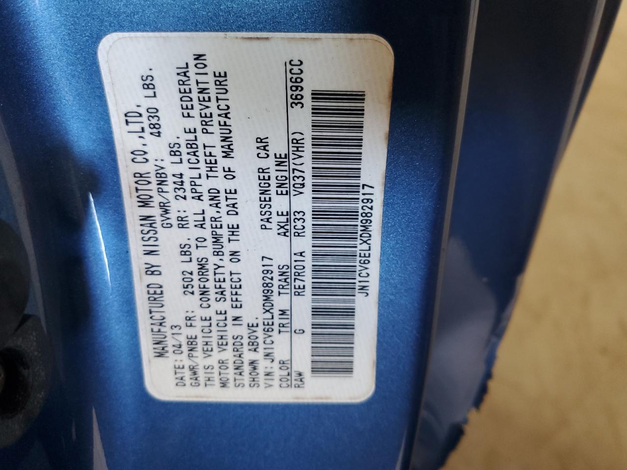 2013 Infiniti G37 VIN: JN1CV6ELXDM982917 Lot: 92477335