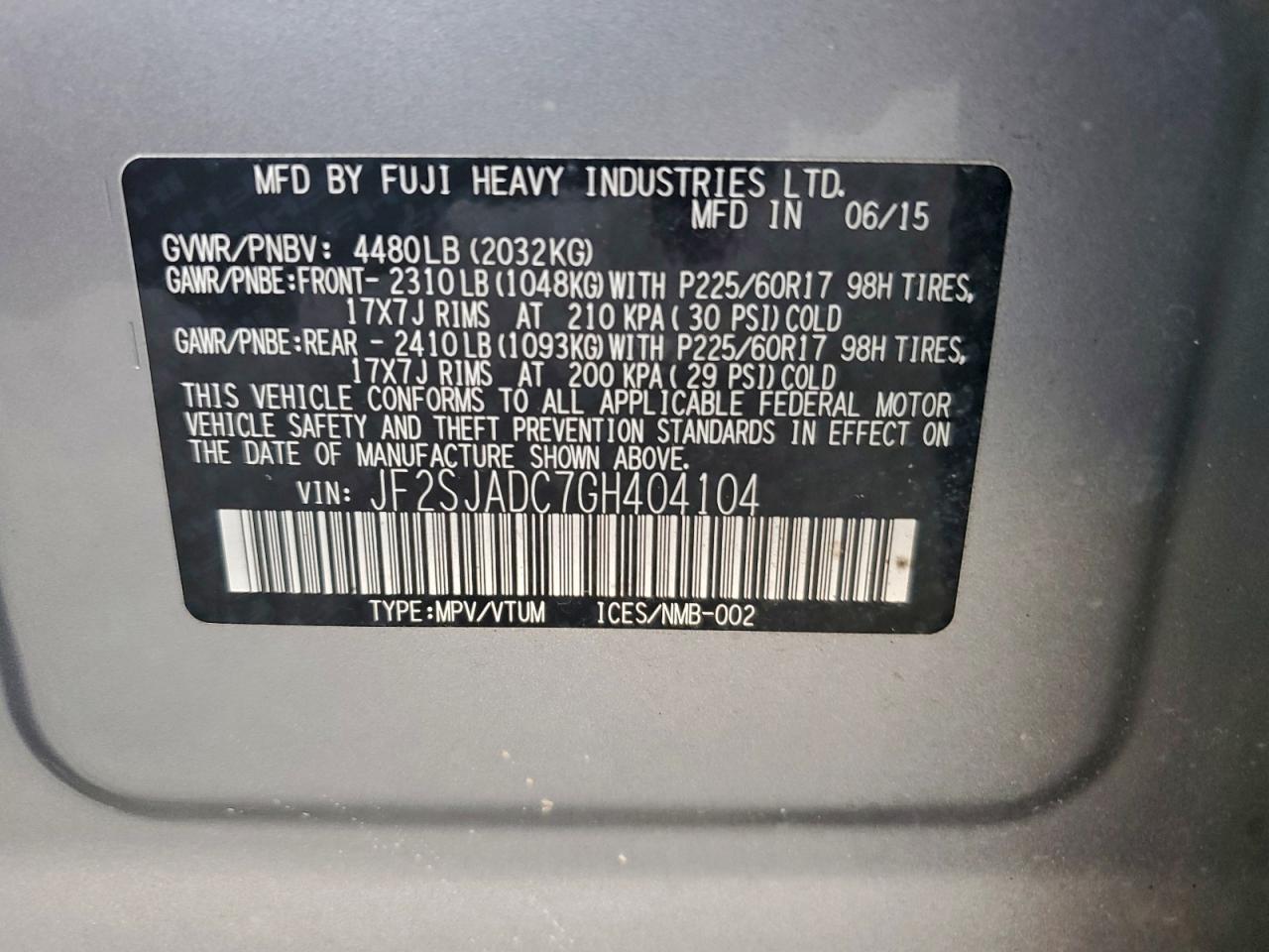 2016 Subaru Forester 2.5I Premium VIN: JF2SJADC7GH404104 Lot: 94339035