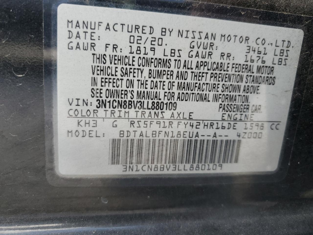 2020 Nissan Versa S VIN: 3N1CN8BV3LL880109 Lot: 91860335