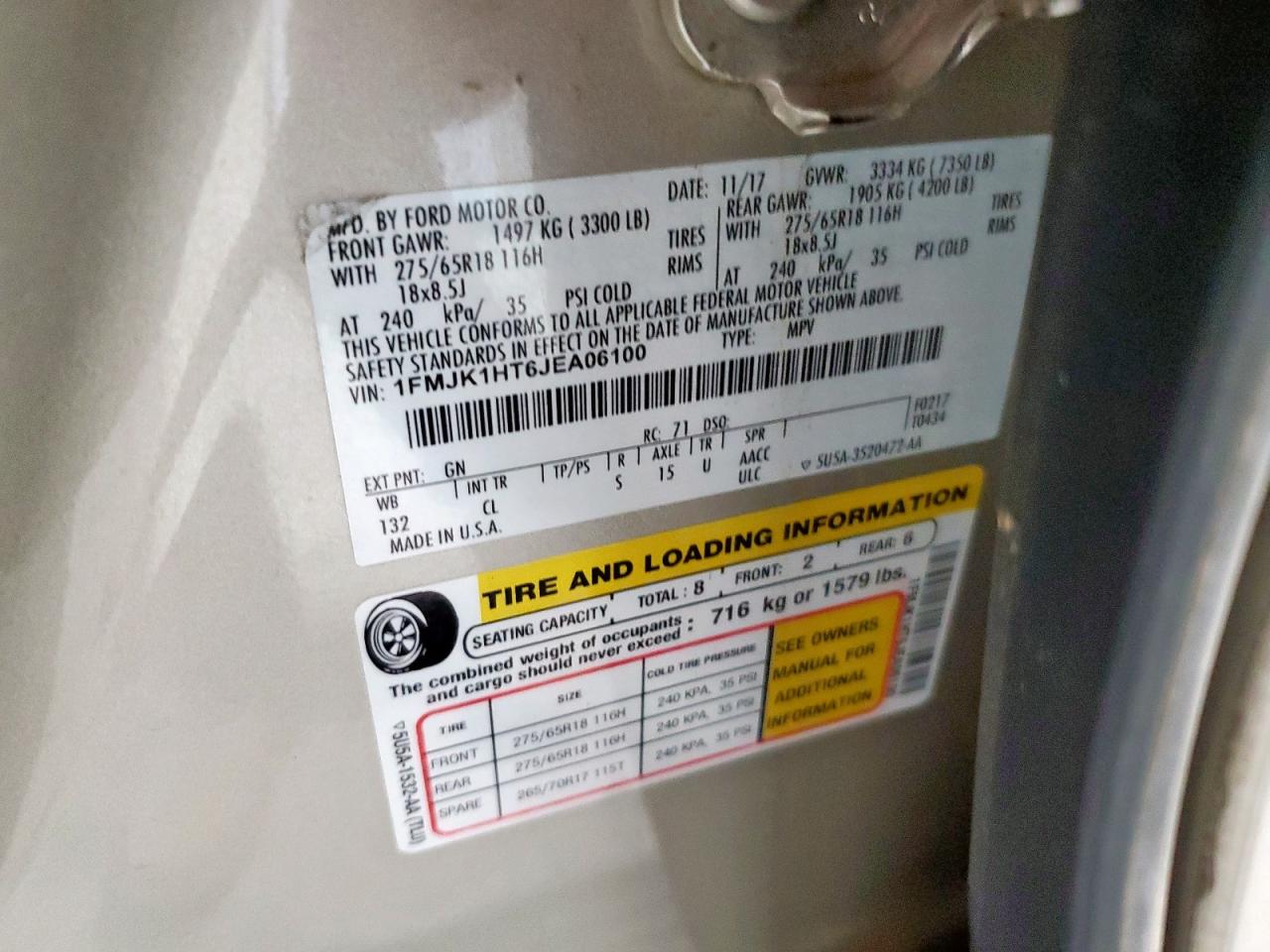 2018 Ford Expedition Max Xlt VIN: 1FMJK1HT6JEA06100 Lot: 91383925