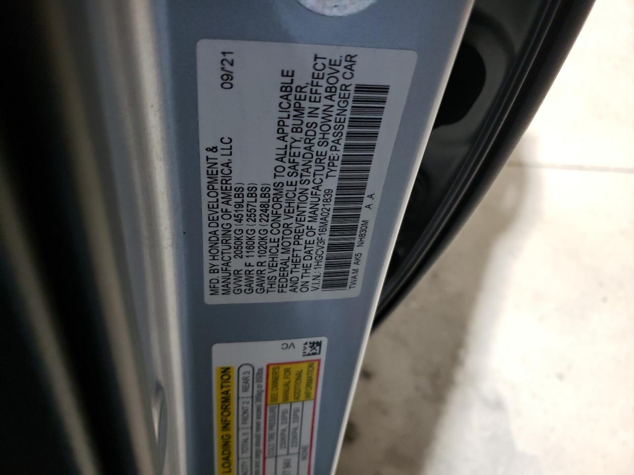 2021 Honda Accord Hybrid VIN: 1HGCV3F16MA021839 Lot: 93214155
