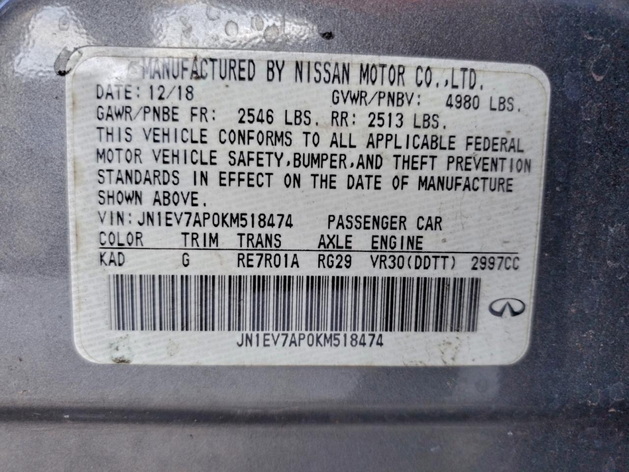 2019 Infiniti Q50 Luxe VIN: JN1EV7AP0KM518474 Lot: 94630925