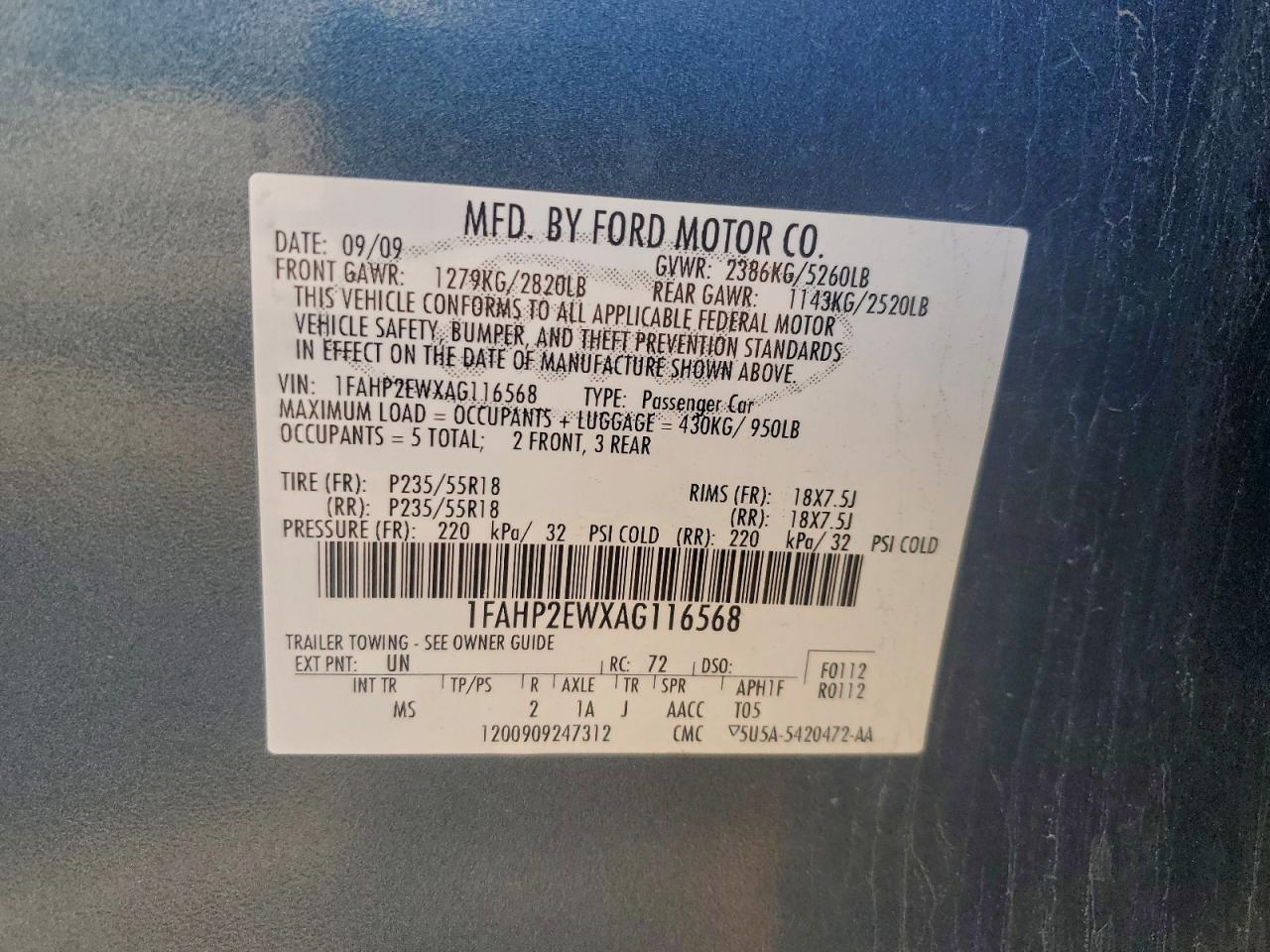 2010 Ford Taurus Sel VIN: 1FAHP2EWXAG116568 Lot: 94101265