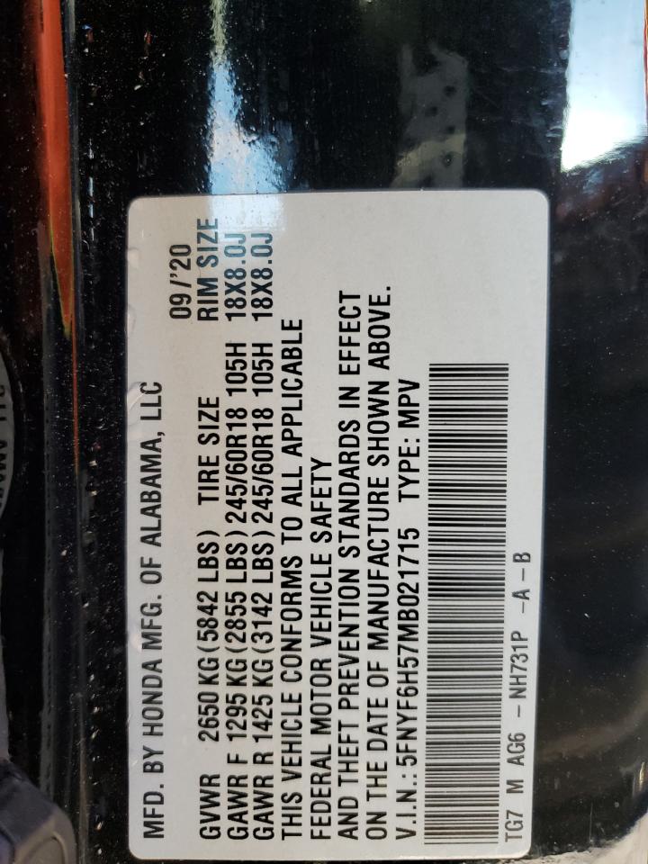 2021 Honda Pilot Exl VIN: 5FNYF6H57MB021715 Lot: 91218155