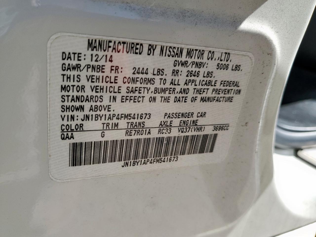 2015 Infiniti Q70 3.7 VIN: JN1BY1AP4FM541673 Lot: 92533045