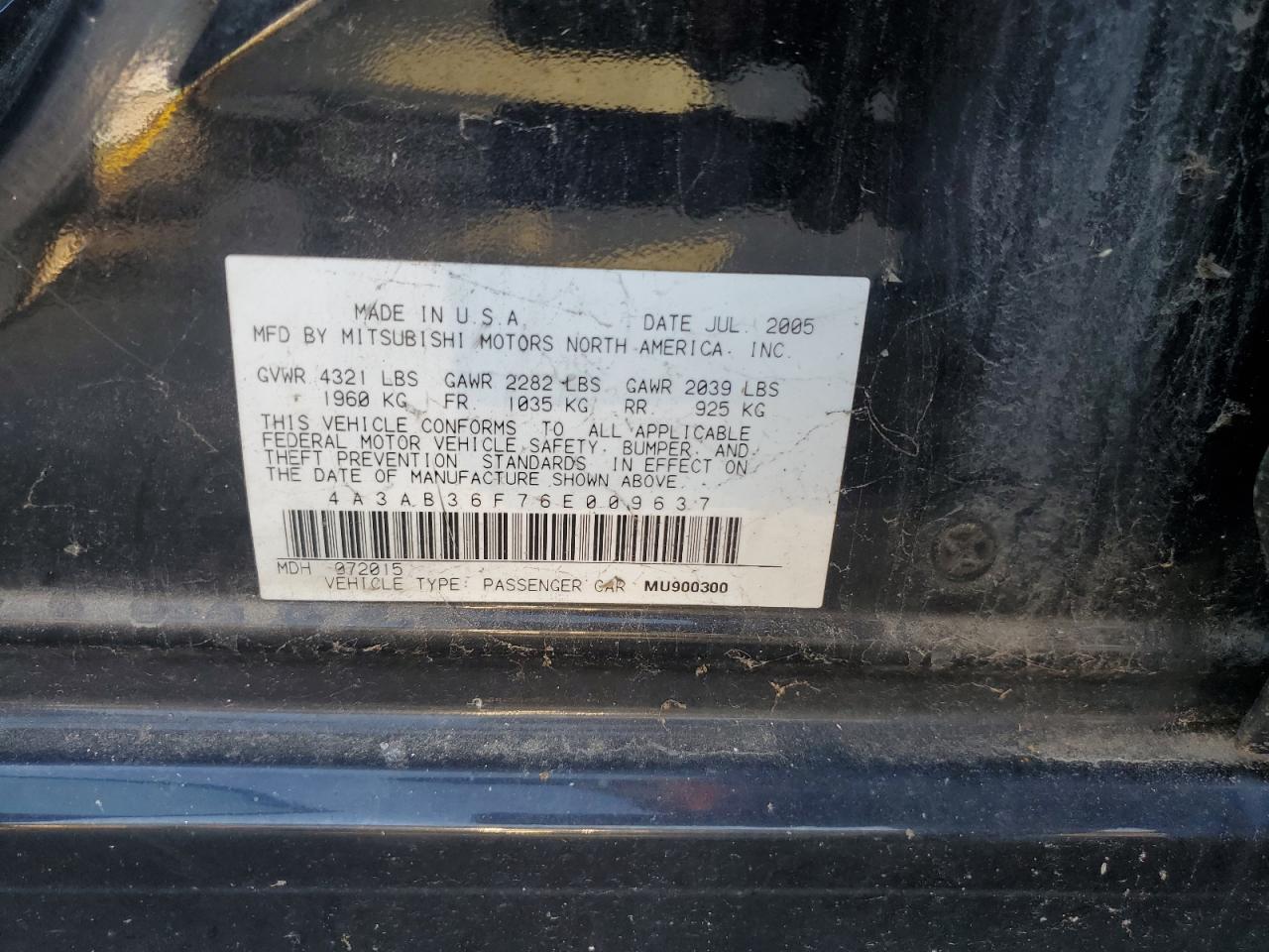 2006 Mitsubishi Galant Es Medium VIN: 4A3AB36F76E009637 Lot: 92831955