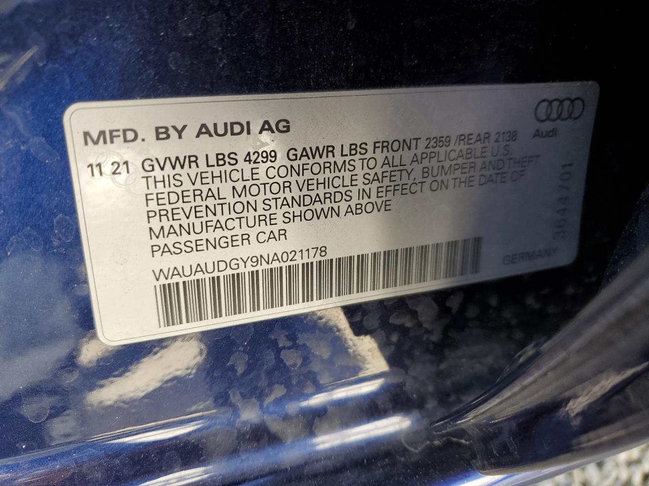 2022 Audi A3 Premium VIN: WAUAUDGY9NA021178 Lot: 91833715