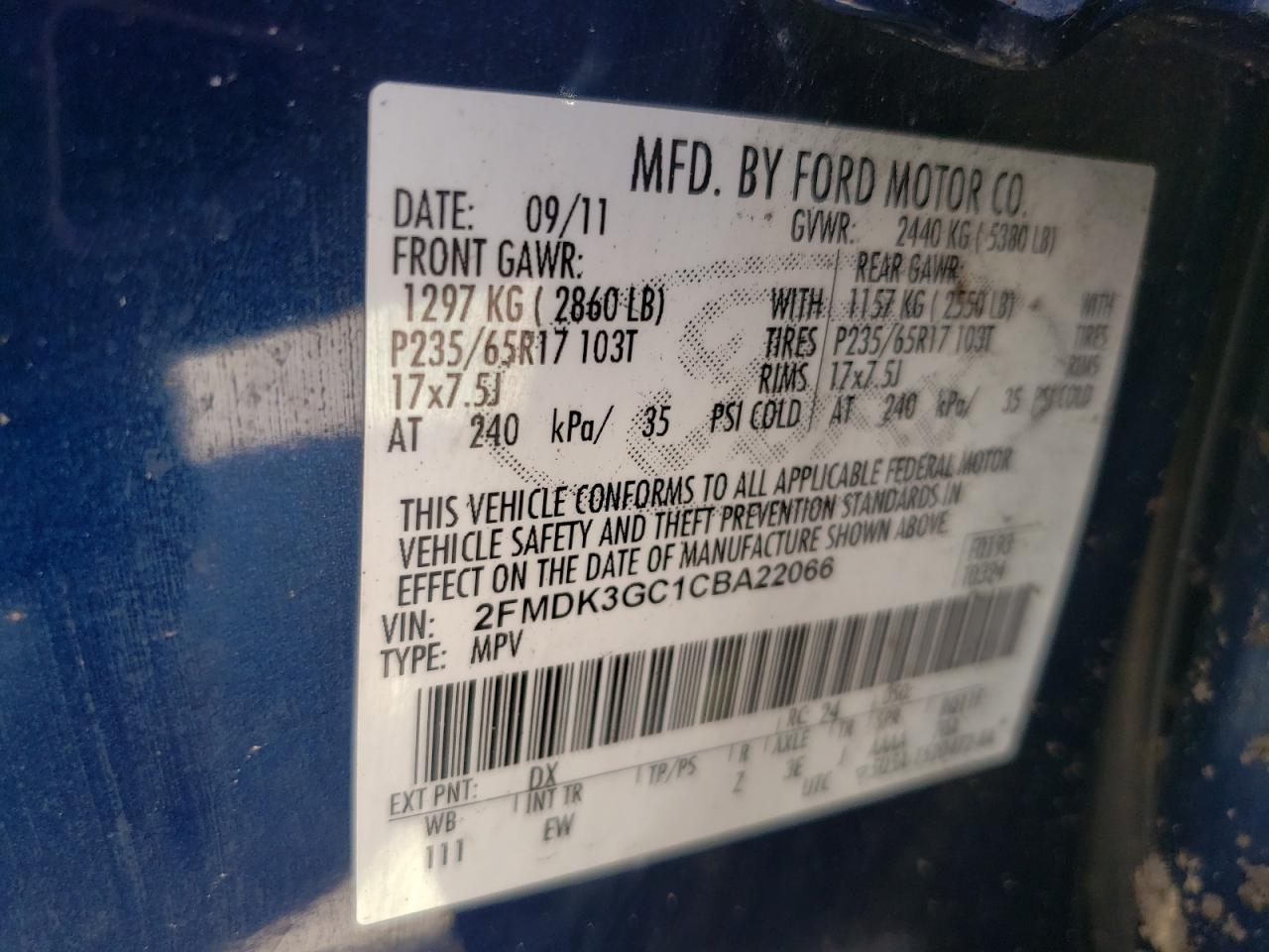 2012 Ford Edge Se VIN: 2FMDK3GC1CBA22066 Lot: 92597105