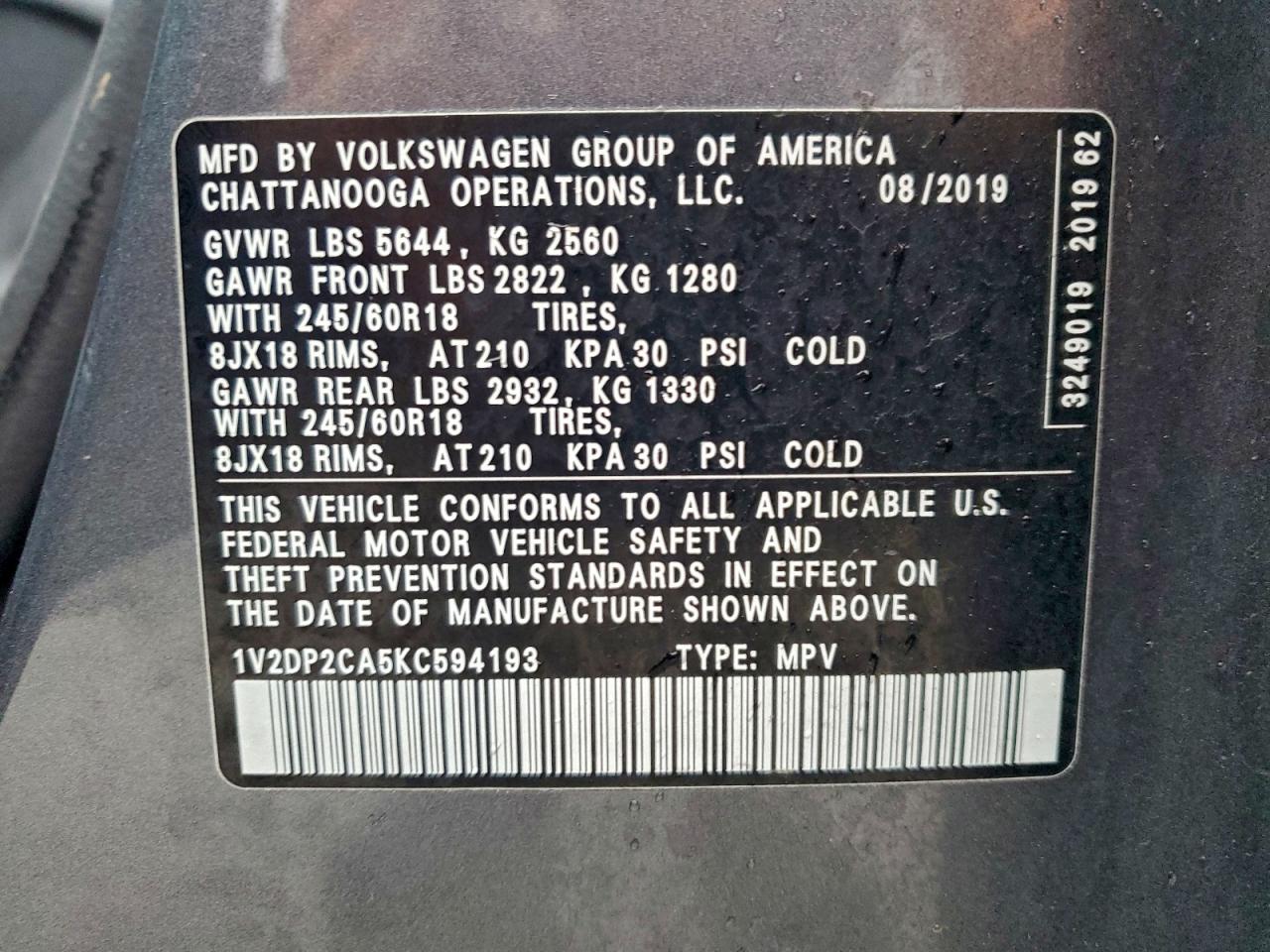 2019 Volkswagen Atlas Se VIN: 1V2DP2CA5KC594193 Lot: 93327695