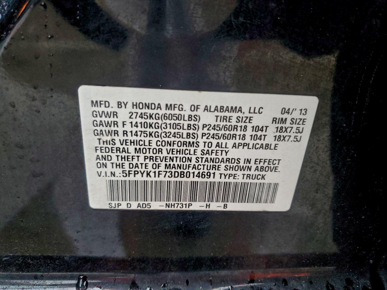 2013 Honda Ridgeline Sport VIN: 5FPYK1F73DB014691 Lot: 93502625