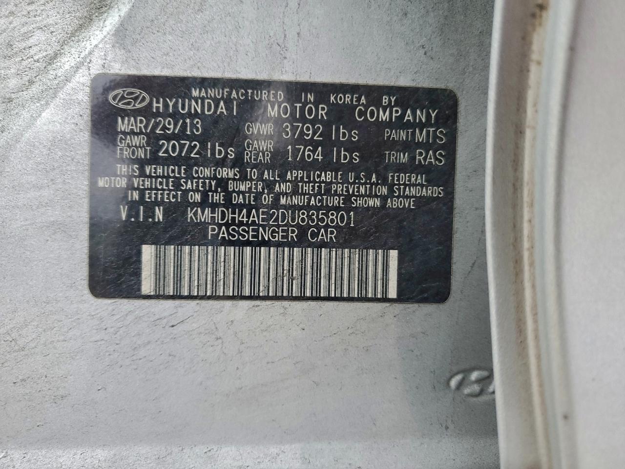 2013 Hyundai Elantra Gls VIN: KMHDH4AE2DU835801 Lot: 94501925