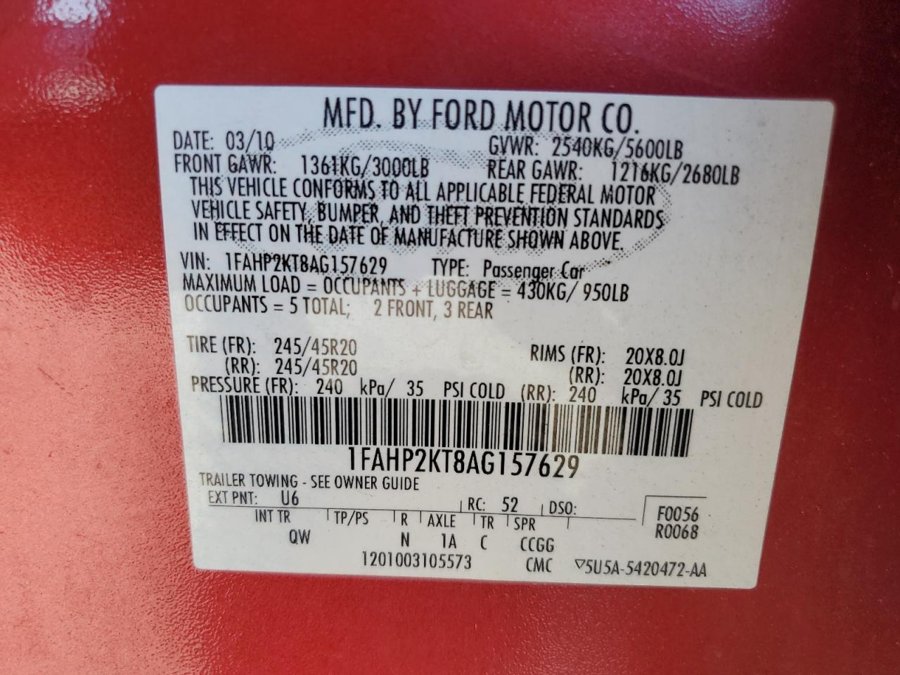 2010 Ford Taurus Sho VIN: 1FAHP2KT8AG157629 Lot: 91358295