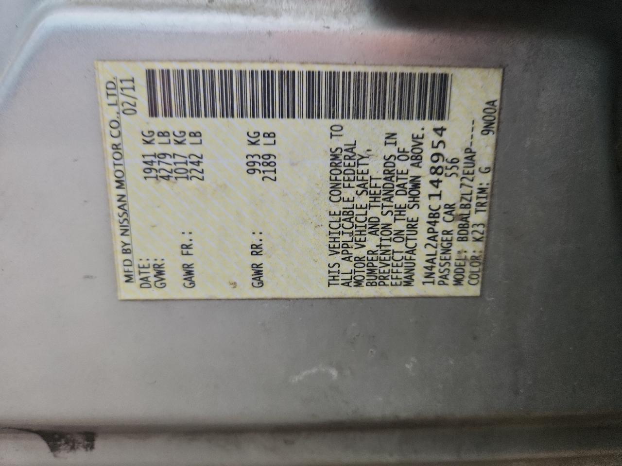 2011 Nissan Altima Base VIN: 1N4AL2AP4BC148954 Lot: 93685915