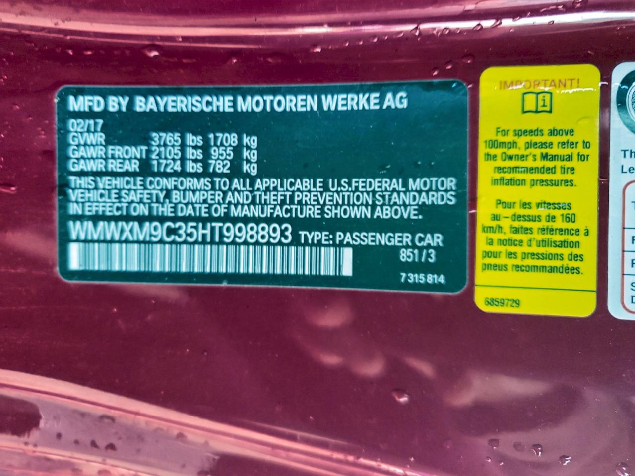 2017 Mini Cooper John Cooper Works VIN: WMWXM9C35HT998893 Lot: 93346595