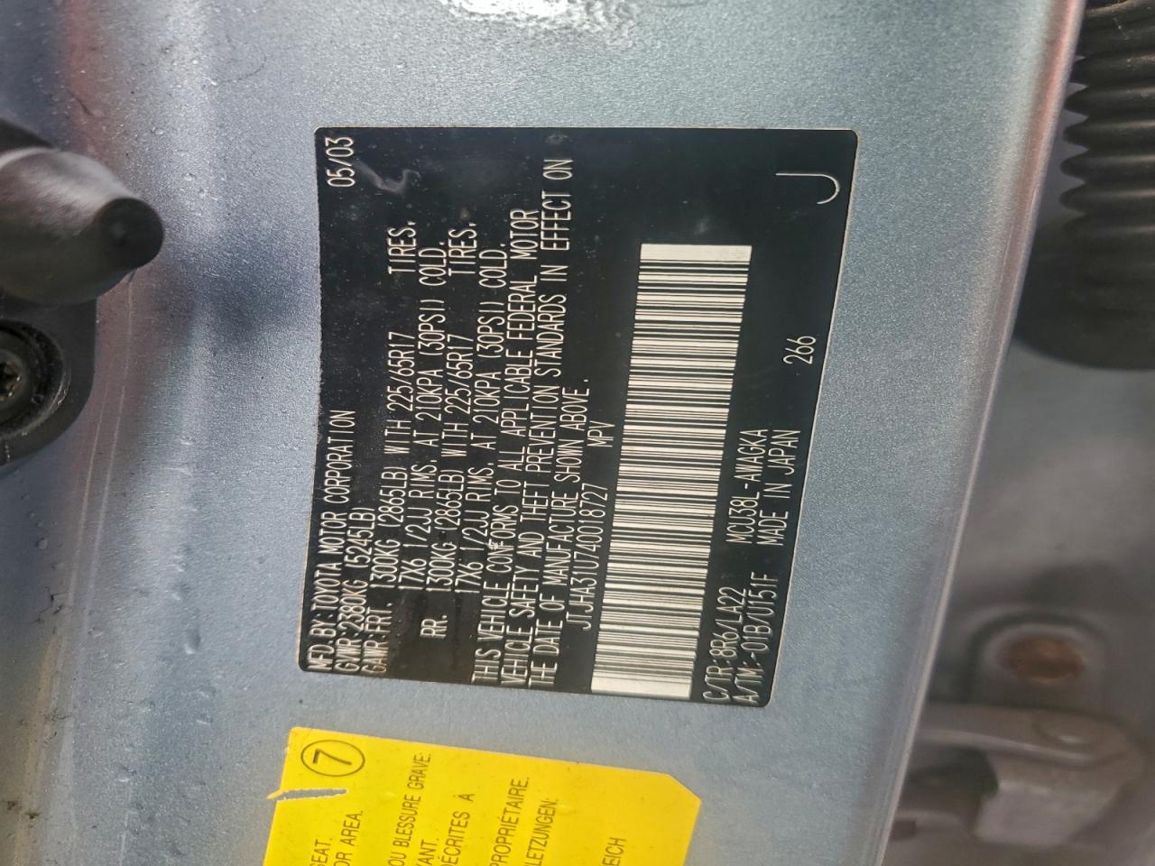 2004 Lexus Rx 330 VIN: JTJHA31U740018727 Lot: 94421305