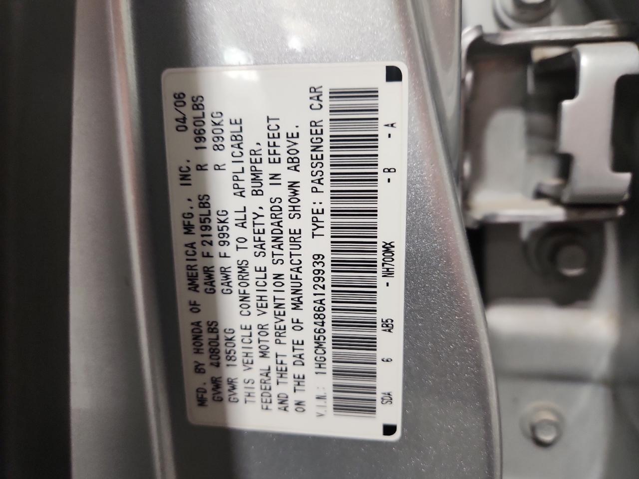 2006 Honda Accord Lx VIN: 1HGCM56486A129939 Lot: 92760695