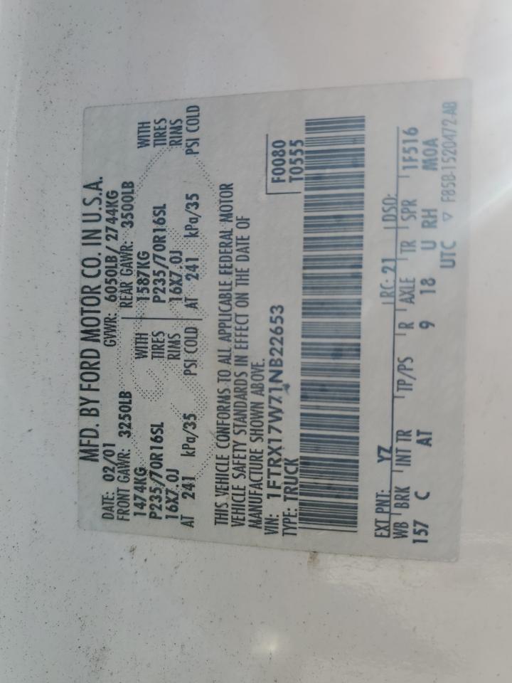 2001 Ford F150 VIN: 1FTRX17W71NB22653 Lot: 91008125