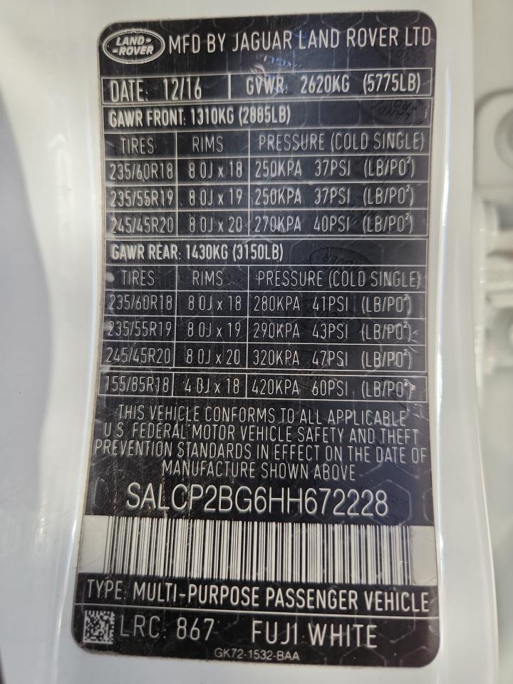 2017 Land Rover Discovery Sport Se VIN: SALCP2BG6HH672228 Lot: 92762105