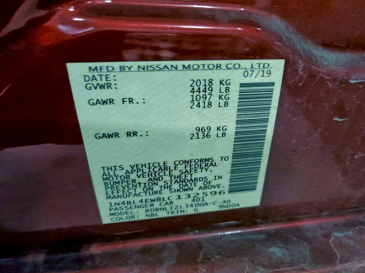 2020 Nissan Altima Sl VIN: 1N4BL4EW8LC132596 Lot: 93986195